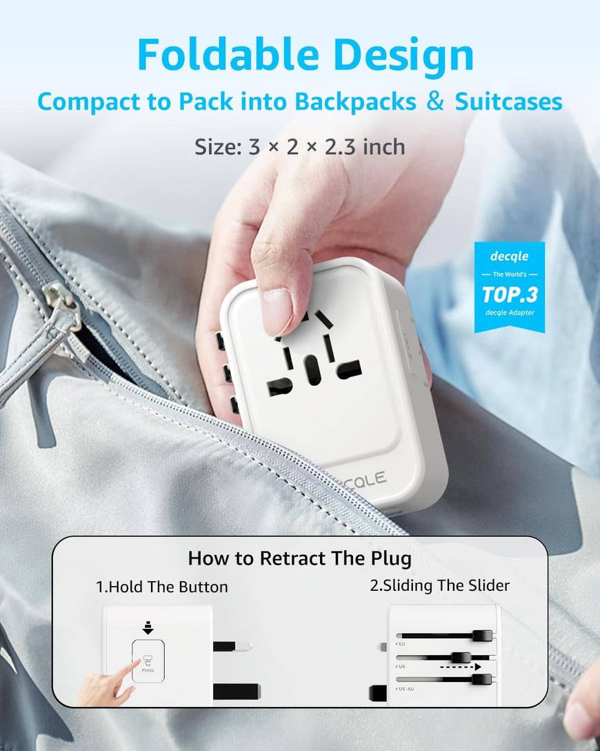 Universal Travel Adapter, International Travel Plug Adapter with 2 USB-C(PD 20W) ＆ 1 USB-A Ports, All in One Portable Adaptor, for USA, UK, EU, AU ＆ 224+ Countries (White) US