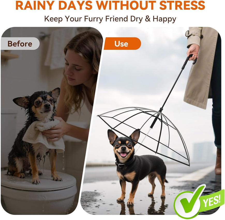 Dog Umbrella for Small Dogs, Clear Pet Umbrella with Leash, Keeps Pet Dry for Rainy Walks/Potty Trips