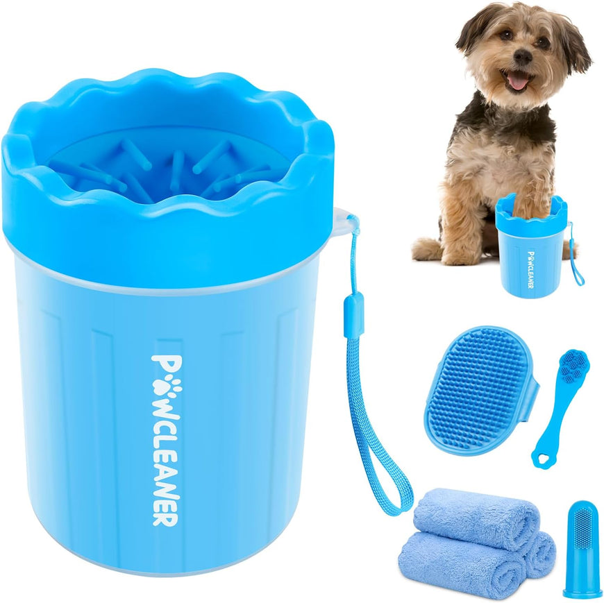 Professional 7 in 1 Dog Paw Cleaner for Dogs & Cats - Includes 1 Portable Paw Washer, 1 Bath Brush, 2 Dog Toothbrushes and 3 Absorbent Towels Note: Fits Paws 1.5 to 2.5 Inches Wide (Medium, Blue)