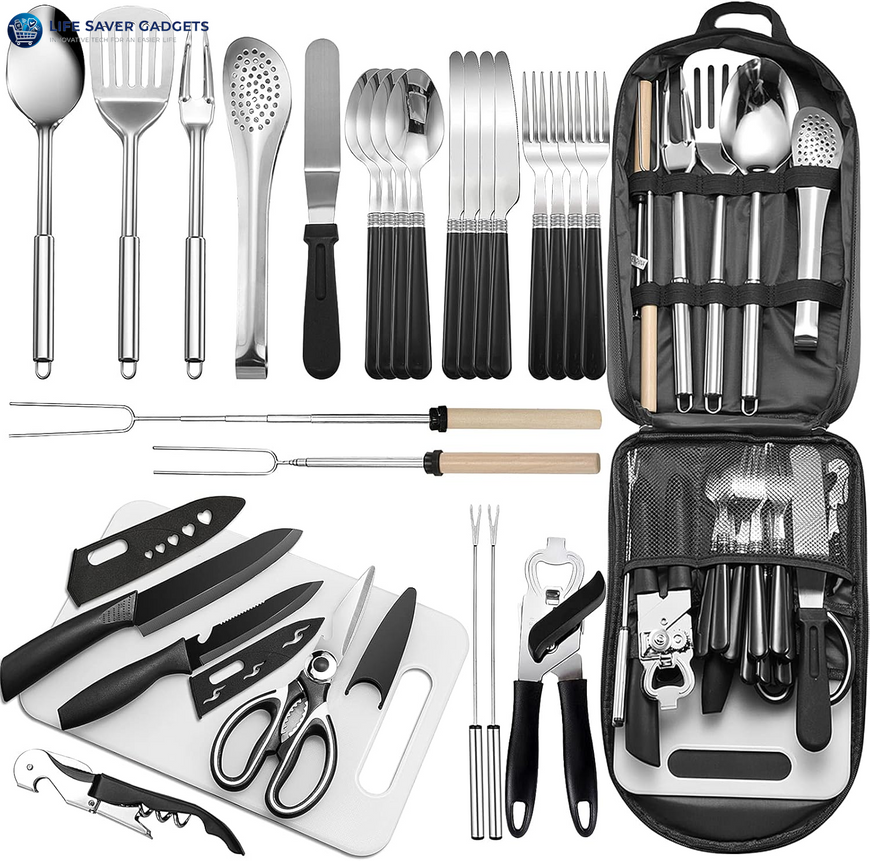 Portable Camping Kitchen Utensil Set-27 Piece Cookware Kit Stainless Steel