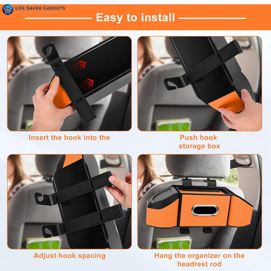 7-In-1 Car Seat Back Organizer with Cup Holders, Tissue Box, Garbage Can&Hooks