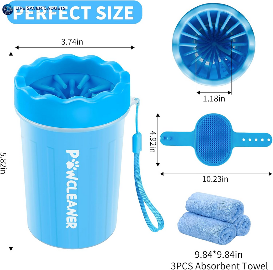 Professional 7 in 1 Dog Paw Cleaner for Dogs & Cats - Includes 1 Portable Paw Washer, 1 Bath Brush, 2 Dog Toothbrushes and 3 Absorbent Towels Note: Fits Paws 1.5 to 2.5 Inches Wide (Medium, Blue)