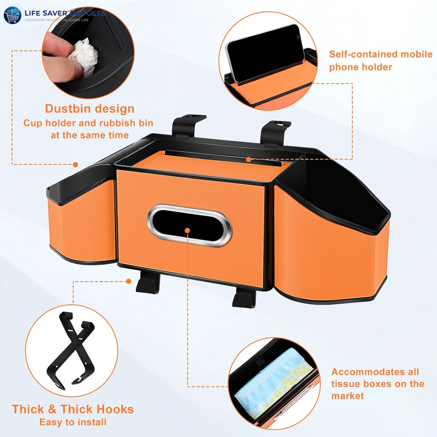 7-In-1 Car Seat Back Organizer with Cup Holders, Tissue Box, Garbage Can&Hooks