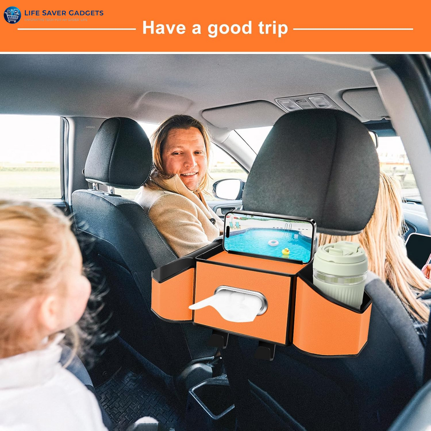 7-In-1 Car Seat Back Organizer with Cup Holders, Tissue Box, Garbage Can&Hooks