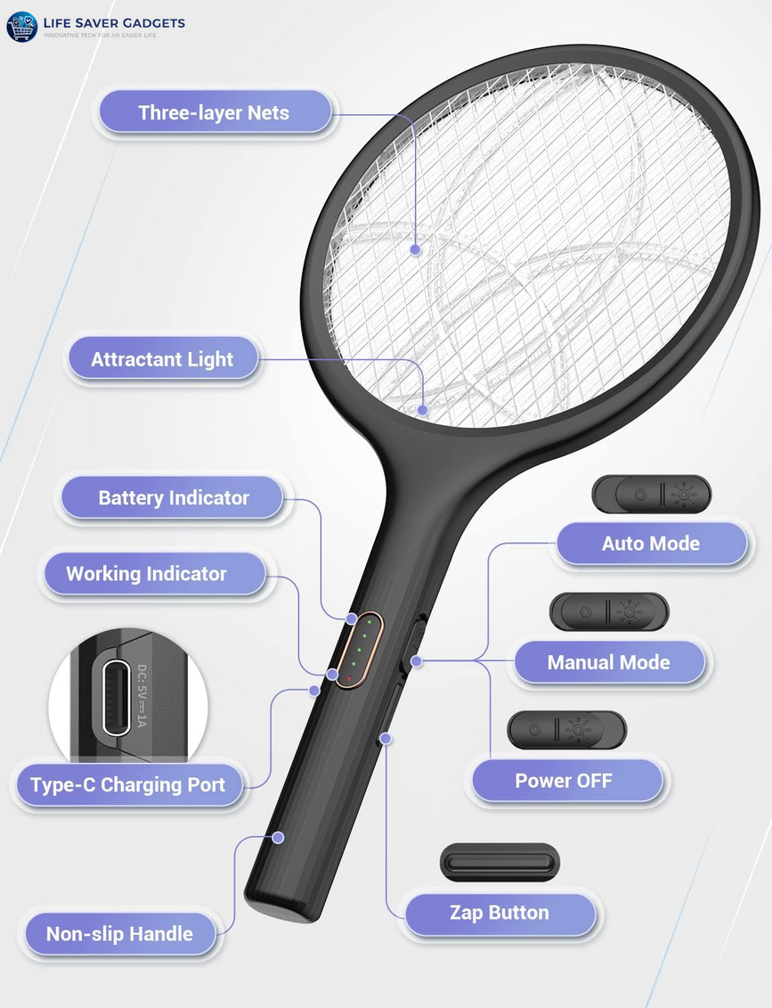 Electric Fly Swatter 4000V Bug Zapper Racket Dual Modes Mosquito Killer