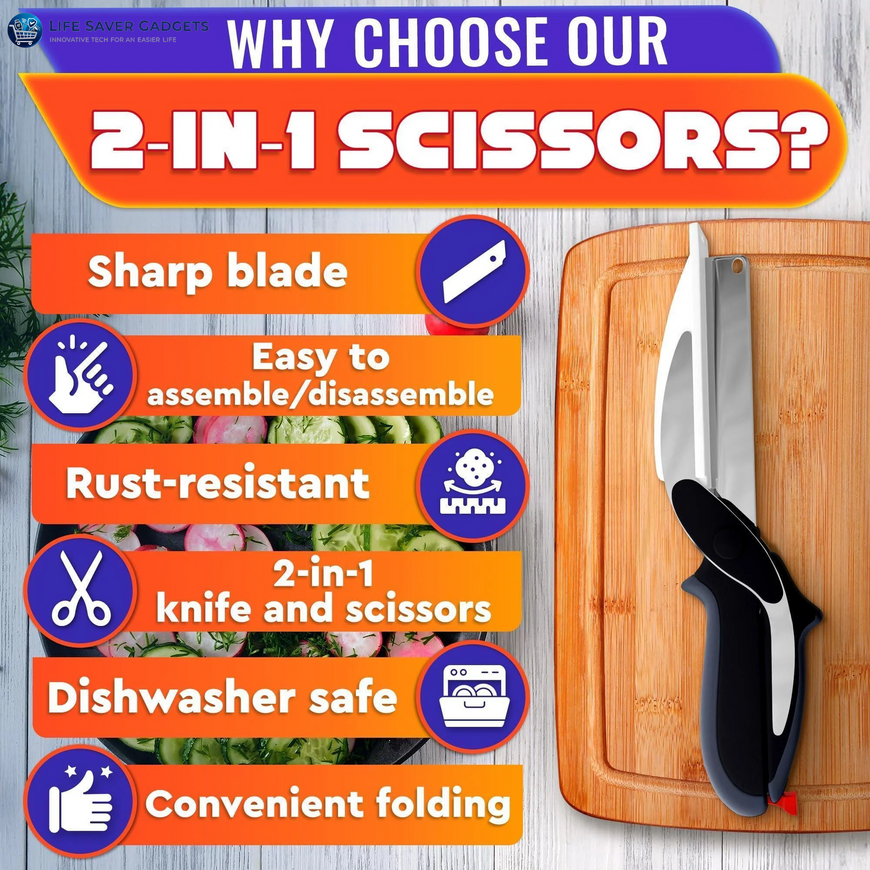 Kitchen Scissors For Food 2 In 1 Cutting Board Scissors & Knife With Locking Mechanism & Stainless Steel Blades