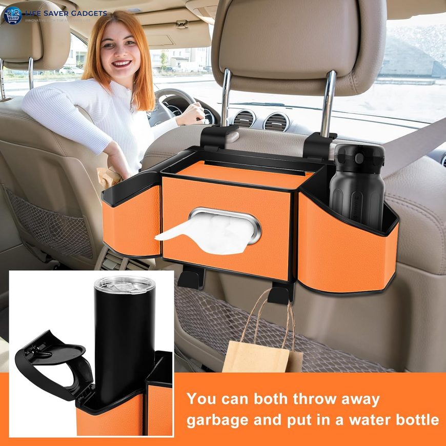 7-In-1 Car Seat Back Organizer with Cup Holders, Tissue Box, Garbage Can&Hooks