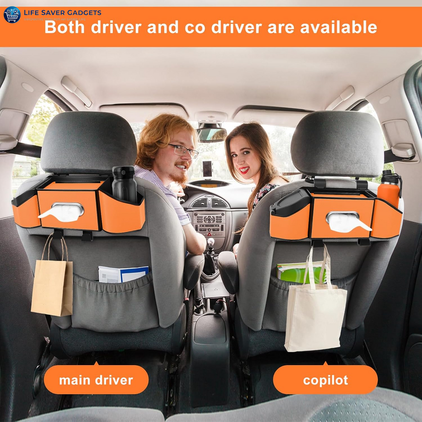 7-In-1 Car Seat Back Organizer with Cup Holders, Tissue Box, Garbage Can&Hooks