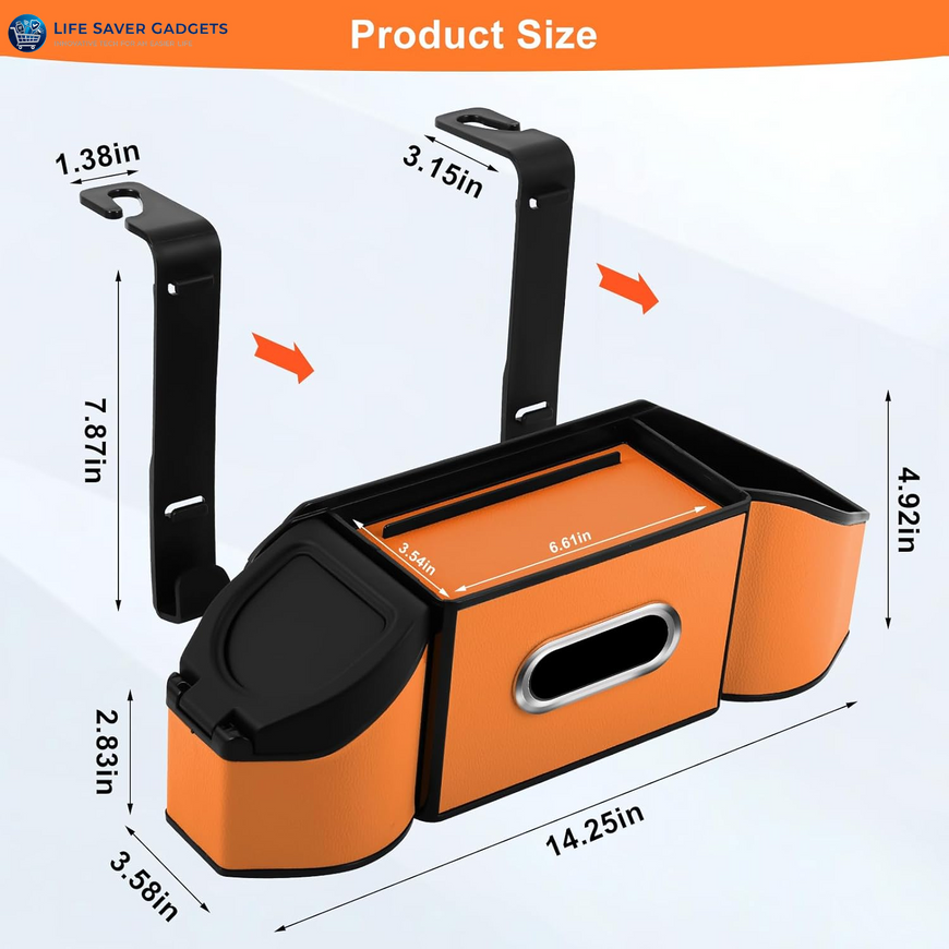 7-In-1 Car Seat Back Organizer with Cup Holders, Tissue Box, Garbage Can&Hooks