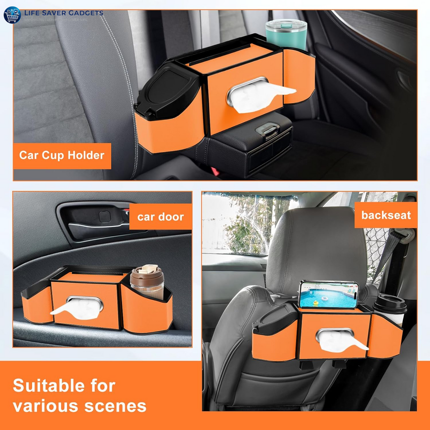 7-In-1 Car Seat Back Organizer with Cup Holders, Tissue Box, Garbage Can&Hooks