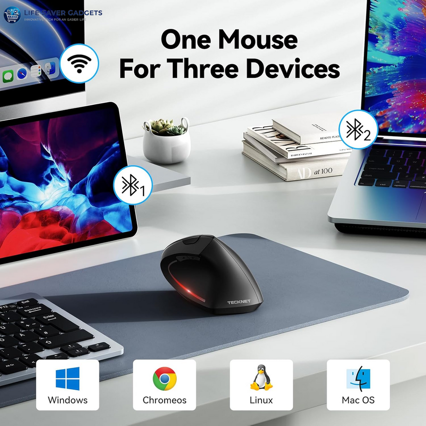 Ergonomic Mouse, Wireless Bluetooth Vertical Mouse, 4800 DPI Optical Tracking, 6 Adjustable DPI
