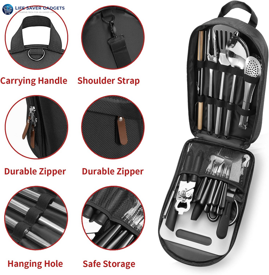 Portable Camping Kitchen Utensil Set-27 Piece Cookware Kit Stainless Steel